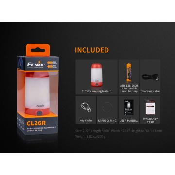 Fenix CL26RRED - Светодиодная аккумуляторная лампа с регулированием яркости LED/USB IP66 400 лм 400 ч оранжевый