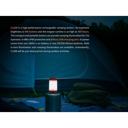 Fenix CL26RRED - LED Портативна акумуляторна лампа з регулюванням яскравості LED/USB/2xCR123A IP66 400 лм 400 год. 2600 mAh помаранчевий