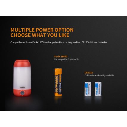 Fenix CL26RRED - LED Портативна акумуляторна лампа з регулюванням яскравості LED/USB/2xCR123A IP66 400 лм 400 год. 2600 mAh помаранчевий