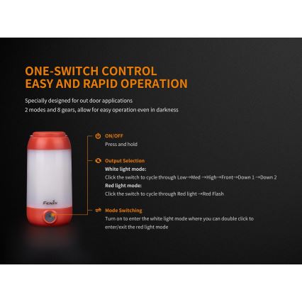 Fenix CL26RRED - LED Портативна акумуляторна лампа з регулюванням яскравості LED/USB/2xCR123A IP66 400 лм 400 год. 2600 mAh помаранчевий