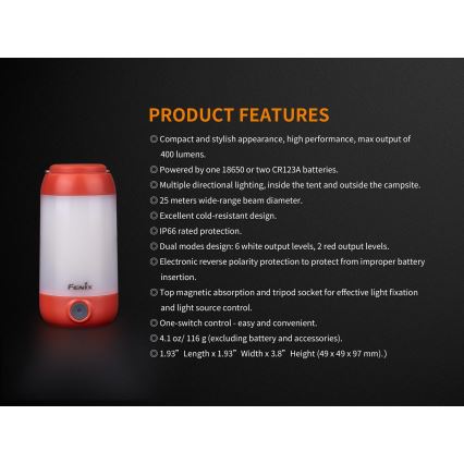 Fenix CL26RRED - LED Портативна акумуляторна лампа з регулюванням яскравості LED/USB/2xCR123A IP66 400 лм 400 год. 2600 mAh помаранчевий