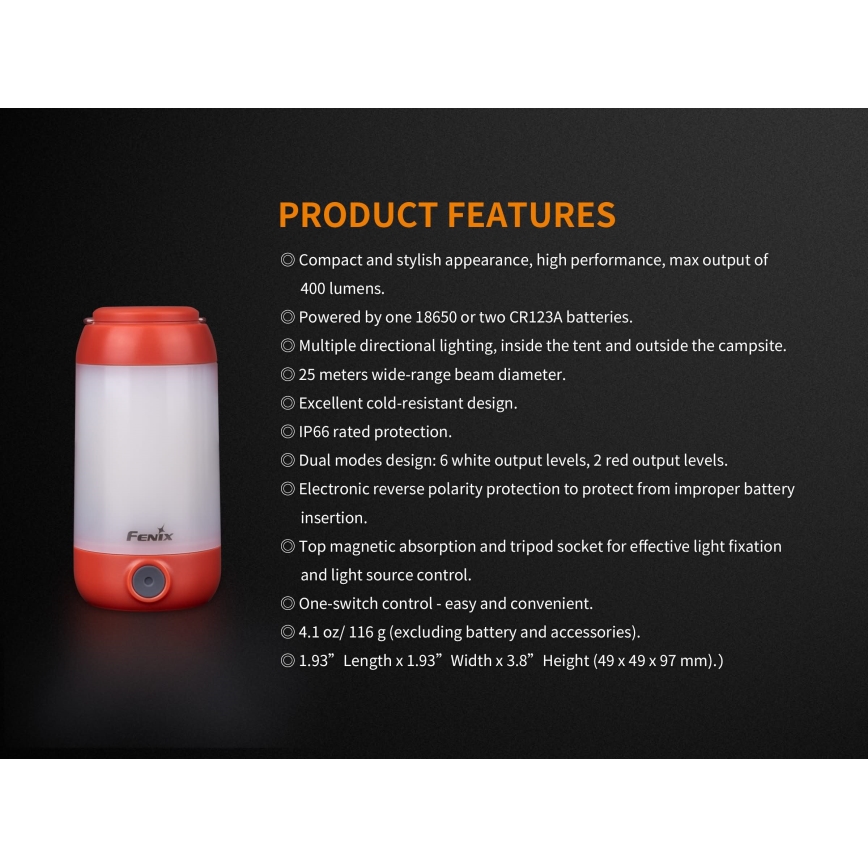 Fenix CL26RRED - LED Портативна акумуляторна лампа з регулюванням яскравості LED/USB/2xCR123A IP66 400 лм 400 год. 2600 mAh помаранчевий