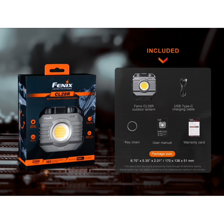 Fenix CL28R - LED Акумуляторний прожектор з регулюванням яскравості з універсальною мобільною батареєю LED/USB IP66 2000 лм 360 год. 10000 mAh