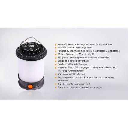 Fenix CL30R - Світлодіодна портативна акумуляторна лампа LED/USB/6xCR123A IPX7 650 лм 300 год. 2600 mAh