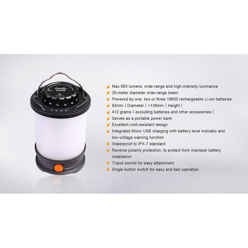 Fenix CL30R - Світлодіодна портативна акумуляторна лампа LED/USB/6xCR123A IPX7 650 лм 300 год. 2600 mAh