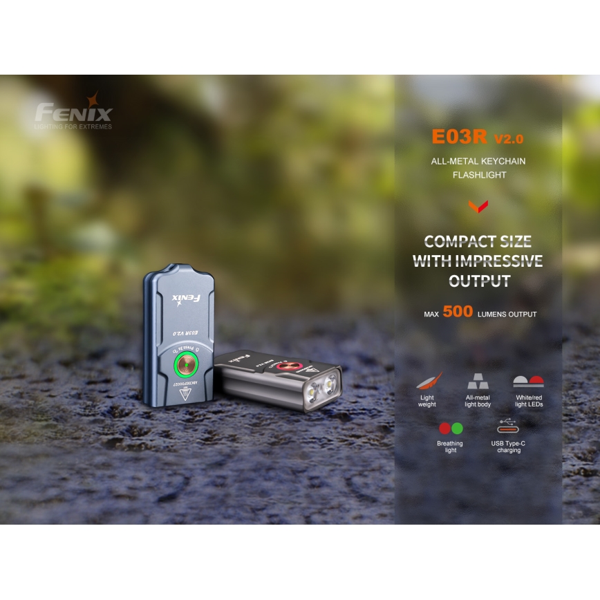 Fenix E03RV20GREY - Светодиодный аккумуляторный фонарь LED/USB IP66 500 лм 30 ч 400 mAh