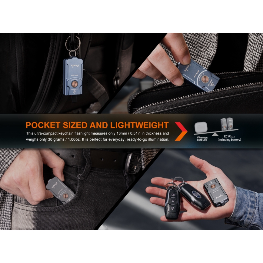 Fenix E03RV20GREY - Светодиодный аккумуляторный фонарь LED/USB IP66 500 лм 30 ч 400 mAh