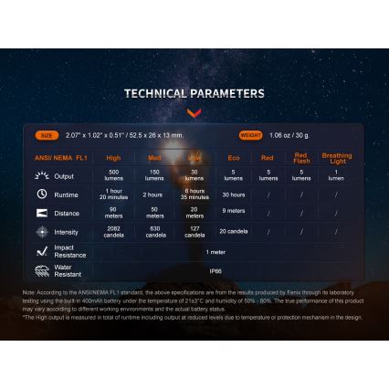 Fenix E03RV20GREY - Светодиодный аккумуляторный фонарь LED/USB IP66 500 лм 30 ч 400 mAh