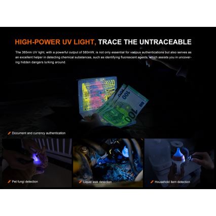 Fenix E06RGRY - LED Акумуляторний ліхтарик з регулюванням яскравості UV LED/USB IP66 700 лм 60 год. 750 mAh сірий