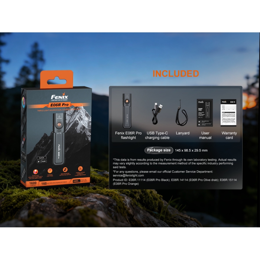 Fenix E06RPROEUBLC- Диммируемый перезаряжаемый светодиодный фонарь LED/USB, 1650 мА·ч, IP66, 1600 лм, 111 ч, чёрный
