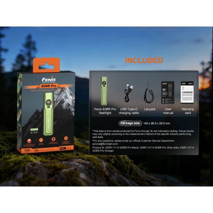Fenix E06RPROEUOLI - Перезаряжаемый светодиодный фонарь с регулировкой яркости, USB-зарядка, 1650 mAh, IP66, 1600 лм, 111 ч, зелёный