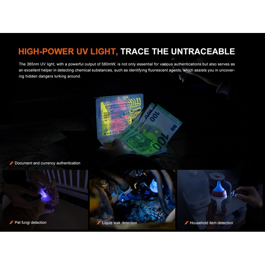 Fenix E06RTKS - LED Акумуляторний ліхтарик з регулюванням яскравості UV LED/USB IP66 700 лм 60 год. 750 mAh бірюзовий