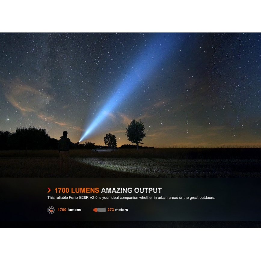Fenix E28RV20 - Светодиодный аккумуляторный фонарь с регулированием яркости LED/USB/2xCR123A IP68 1700 блестящий 260 ч 3400 mAh