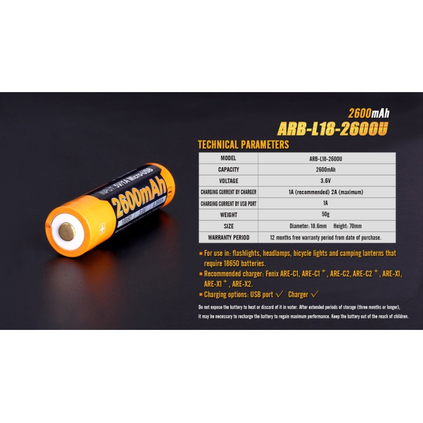 Fenix FE18650LI26USB - 1 шт. Перезаряджуваний акумулятор USB/3,6 В 2600 мА·год