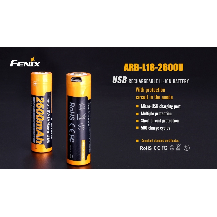 Fenix FE18650LI26USB - 1 шт. Перезаряджуваний акумулятор USB/3,6 В 2600 мА·год