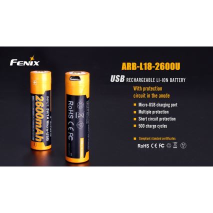 Fenix FE18650LI26USB - перезаряжаемый аккумулятор с USB-портом, 3,6 В, 2600 мА·ч, 1 шт.