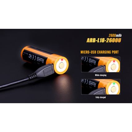 Fenix FE18650LI26USB - перезаряжаемый аккумулятор с USB-портом, 3,6 В, 2600 мА·ч, 1 шт.