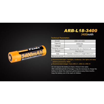Fenix FE18650LI34 - 1 шт. Перезаряжаемый аккумулятор 18650/3,6 В 3400 мА·ч