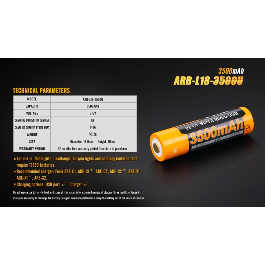 Fenix FE18650LI35USB - 1 шт Перезаряджуваний акумулятор USB/3,6V 3500 mAh
