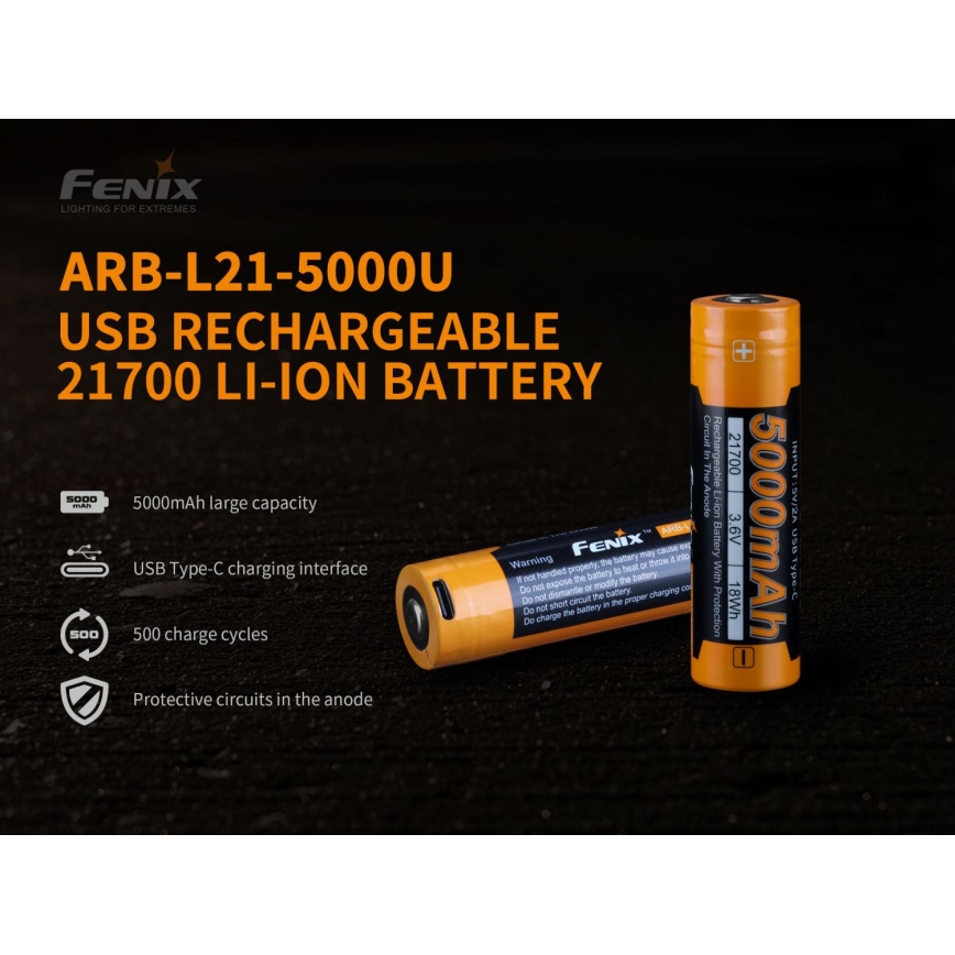 Fenix FE21700USB - 1 шт. Акумуляторна батарейка USB/3,6V 5000 mAh
