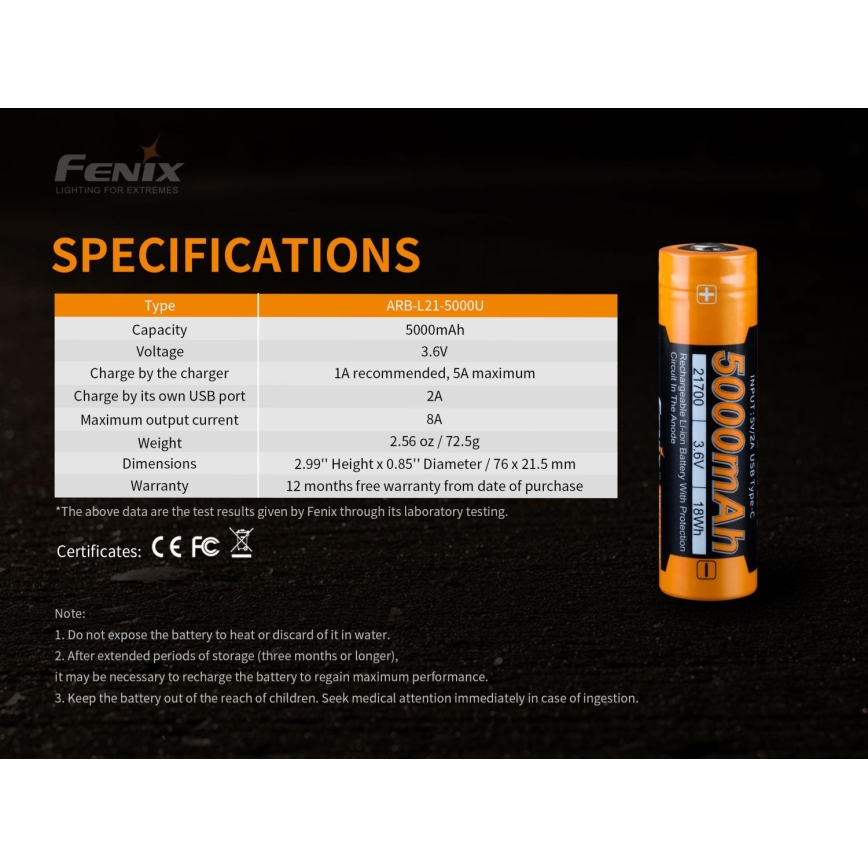 Fenix FE21700USB - 1 шт. Акумуляторна батарейка USB/3,6V 5000 mAh