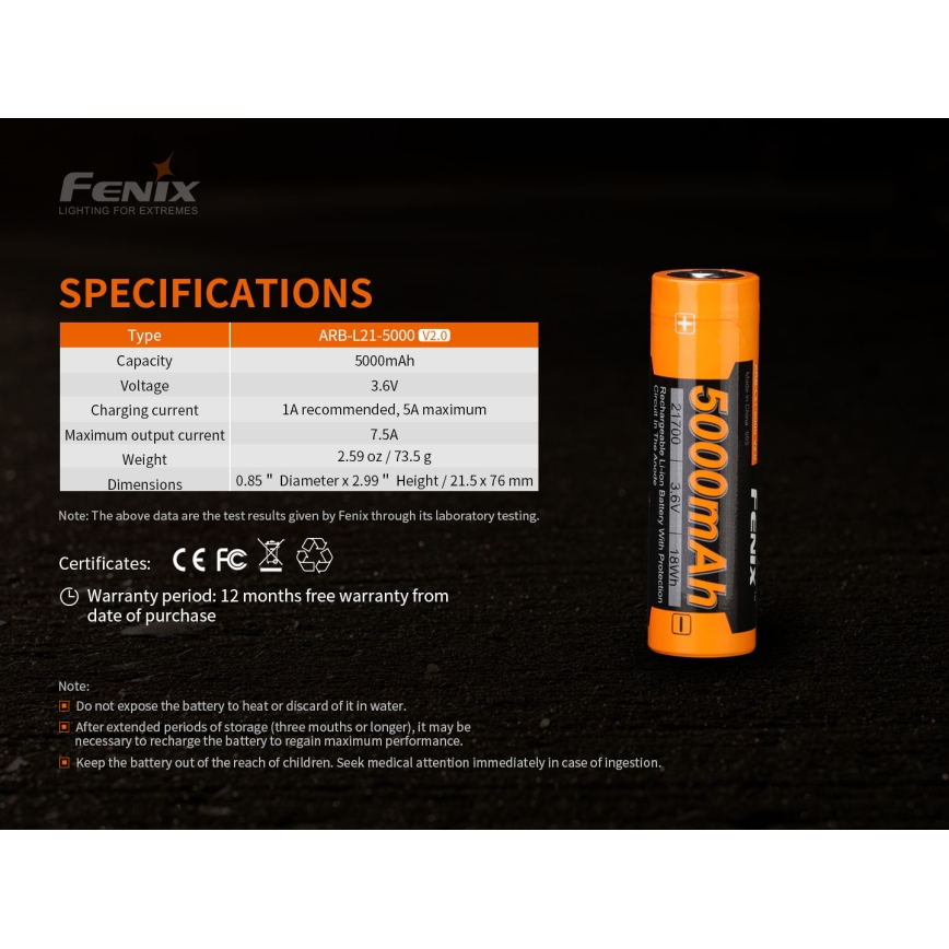 Fenix FE21700V20 - 1 шт. Перезаряджуваний акумулятор 21700/3,6 В, 5000 мА·год