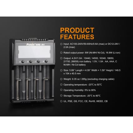 Fenix FENAREA4 - Зарядний пристрій 4xLi-ion/AAA/AA/C 5V