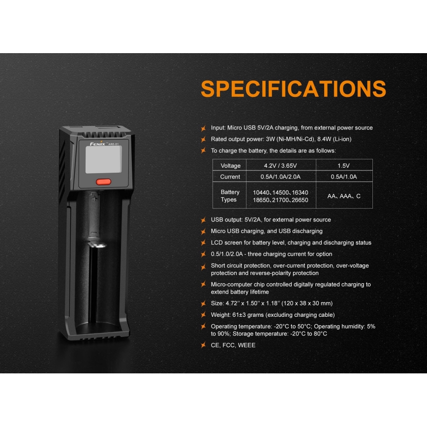 Fenix FENARED1 - Зарядний пристрій 1xLi-ion/AAA/AA/C 5V