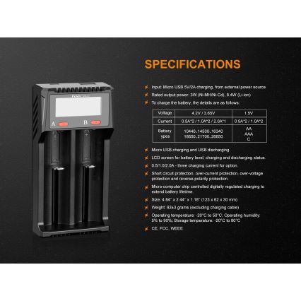 Fenix FENARED2 - Зарядний пристрій 2xLi-ion/AAA/AA/C 5V