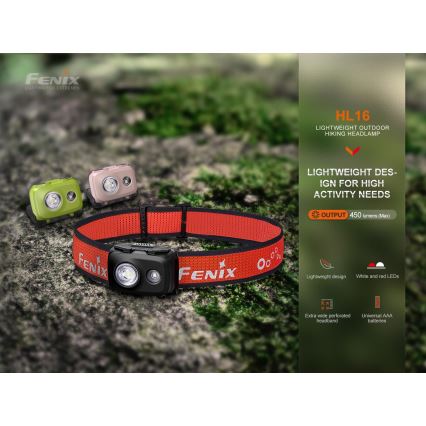 Fenix HL16V2BLK - LED Налобний ліхтар LED/3xAAA IP66 450 лм 200 г чорний/помаранчевий