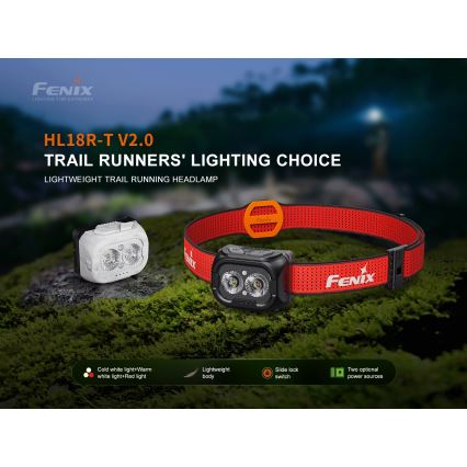 Fenix HL18RTV20BLC - LED Акумуляторний налобний ліхтар з регулюванням яскравості LED/USB/3xAAA IP66 800 лм 160 год. 1900 mAh чорний/помаранчевий