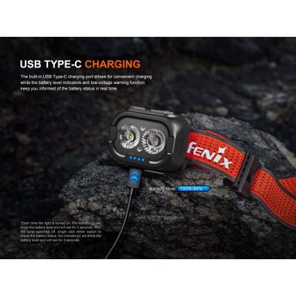 Fenix HL18RTV20BLC - LED Акумуляторний налобний ліхтар з регулюванням яскравості LED/USB/3xAAA IP66 800 лм 160 год. 1900 mAh чорний/помаранчевий