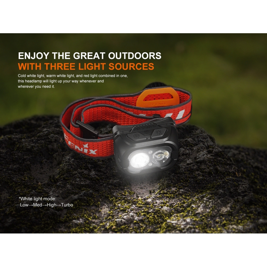 Fenix HL18RTV20BLC - Светодиодный аккумуляторный налобный фонарь с регулированием яркости LED/USB/3xAAA IP66 800 лм 160 ч 1900 mAh черный/оранжевый
