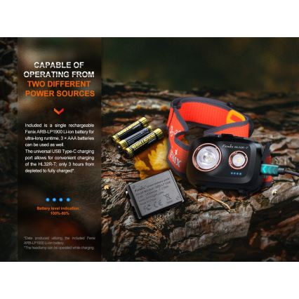 Fenix HL32RTBLCK - Світлодіодний акумуляторний налобний ліхтар LED/USB/3xAAA IP66 800 лм 300 год. 1900 mAh чорний/помаранчевий