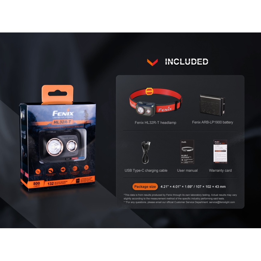 Fenix HL32RTBLCK - Світлодіодний акумуляторний налобний ліхтар LED/USB/3xAAA IP66 800 лм 300 год. 1900 mAh чорний/помаранчевий
