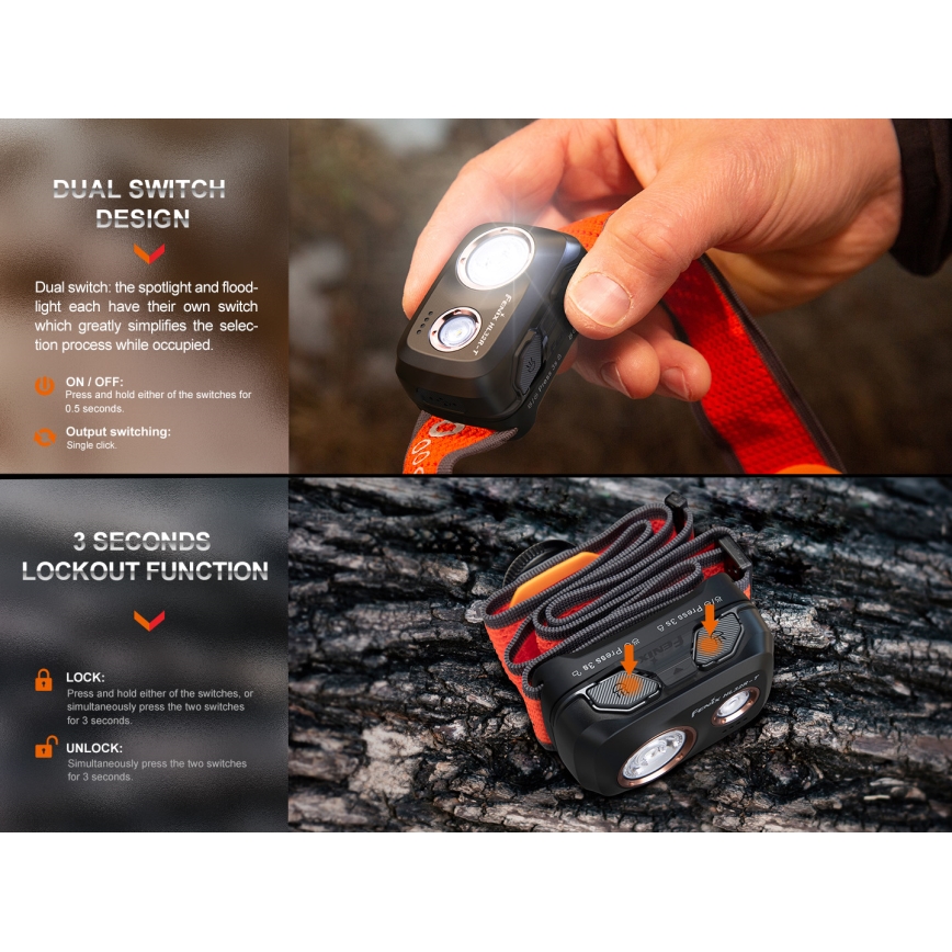 Fenix HL32RTRED - Світлодіодний акумуляторний налобний ліхтар LED/USB/3xAAA IP66 800 лм 300 год. червоний/помаранчевий