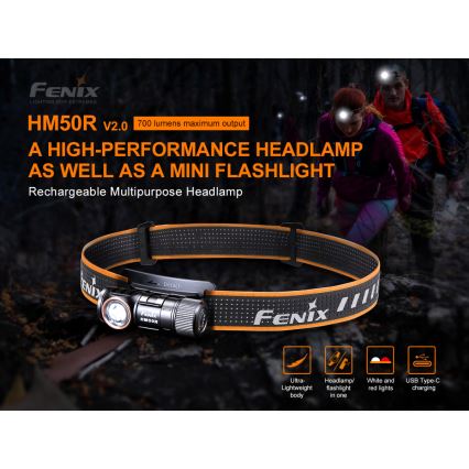 Fenix HM50RV20 - Светодиодный аккумуляторный налобный фонарь 3xLED/USB/1xCR123A IP68 700 блестящий 120 ч 700 mAh