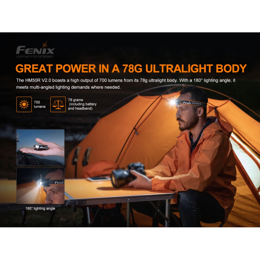 Fenix HM50RV20 - Светодиодный аккумуляторный налобный фонарь 3xLED/USB/1xCR123A IP68 700 блестящий 120 ч 700 mAh