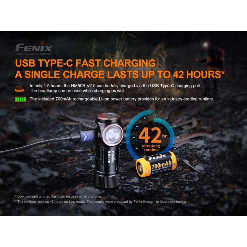 Fenix HM50RV20 - Светодиодный аккумуляторный налобный фонарь 3xLED/USB/1xCR123A IP68 700 блестящий 120 ч 700 mAh