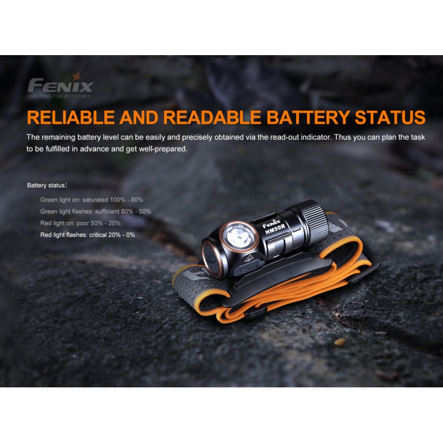 Fenix HM50RV20 - Светодиодный аккумуляторный налобный фонарь 3xLED/USB/1xCR123A IP68 700 блестящий 120 ч 700 mAh