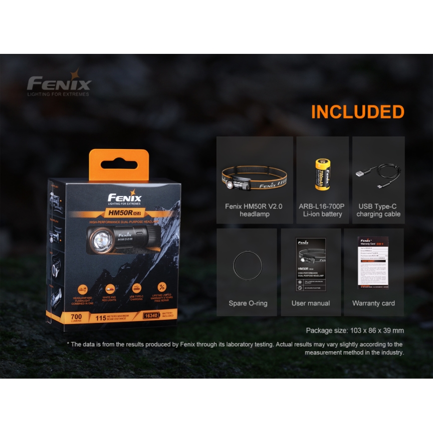 Fenix HM50RV20 - Светодиодный аккумуляторный налобный фонарь 3xLED/USB/1xCR123A IP68 700 блестящий 120 ч 700 mAh