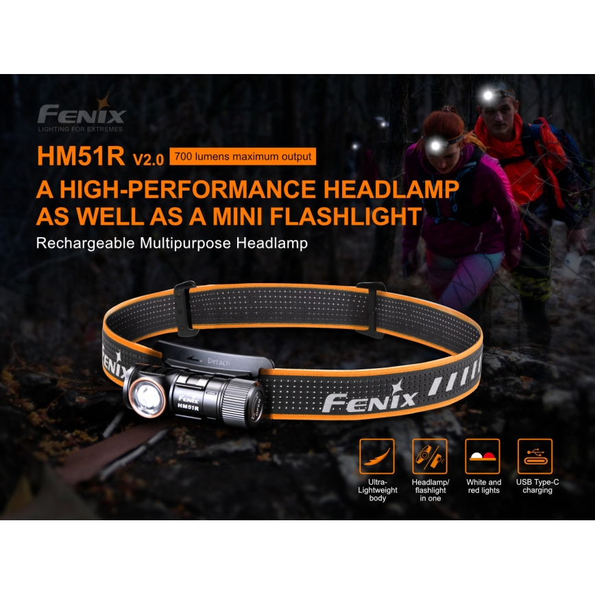 Fenix HM51RV20 - Акумуляторний налобний LED ліхтар 3xLED/1xCR123A IP68 700 mAh