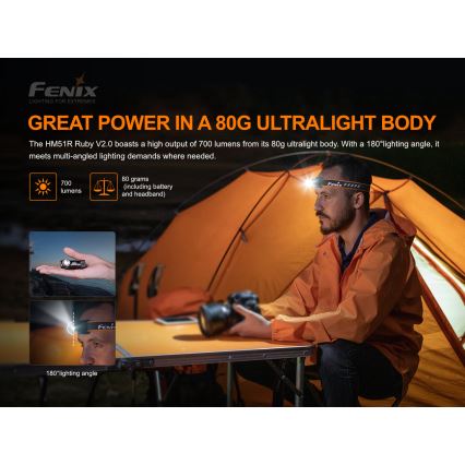 Fenix HM51RV20 - Акумуляторний налобний LED ліхтар 3xLED/1xCR123A IP68 700 mAh