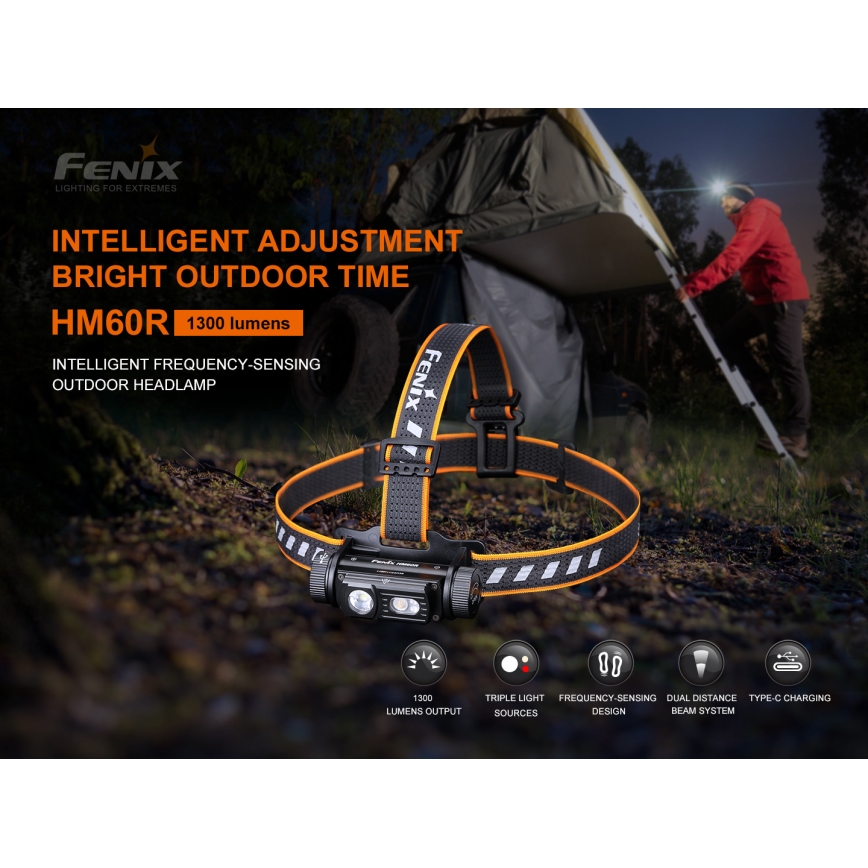 Fenix HM60R - LED Акумуляторний налобний ліхтар з регулюванням яскравості 4xLED/USB/2xCR123A IP68 1300 лм 300 год. 3400 mAh