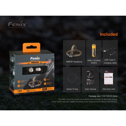 Fenix HM60R - Светодиодный аккумуляторный налобный фонарь с регулированием яркости 4xLED/USB/2xCR123A IP68 1300 блестящий 300 ч 3400 mAh