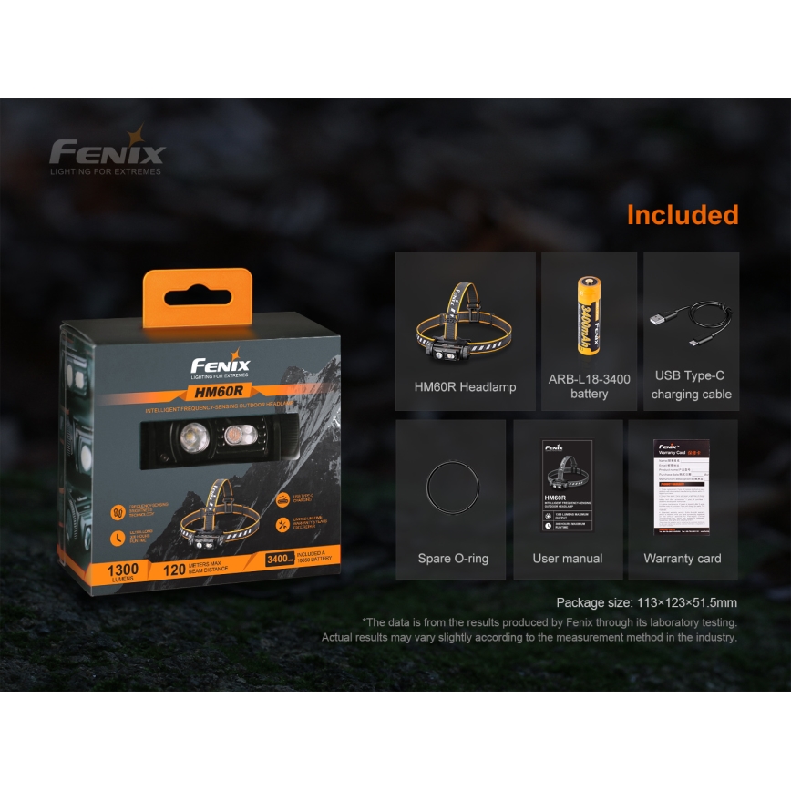 Fenix HM60R - Светодиодный аккумуляторный налобный фонарь с регулированием яркости 4xLED/USB/2xCR123A IP68 1300 блестящий 300 ч 3400 mAh