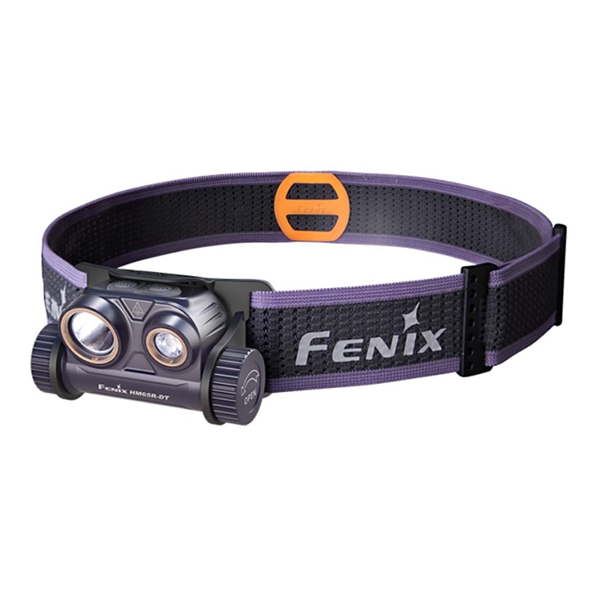 Fenix HM65RDTPRP - Світлодіодний акумуляторний налобний ліхтар LED/USB IP68 1500 лм 300 г фіолетовий/чорний
