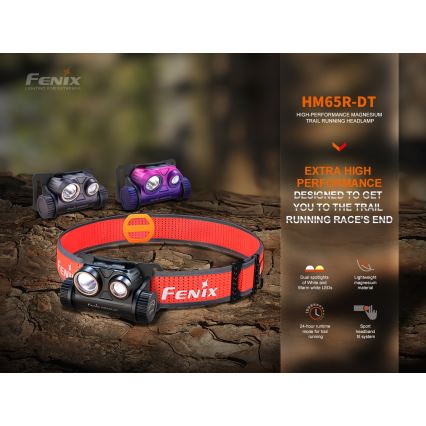 Fenix HM65RDTPRP - Світлодіодний акумуляторний налобний ліхтар LED/USB IP68 1500 лм 300 г фіолетовий/чорний