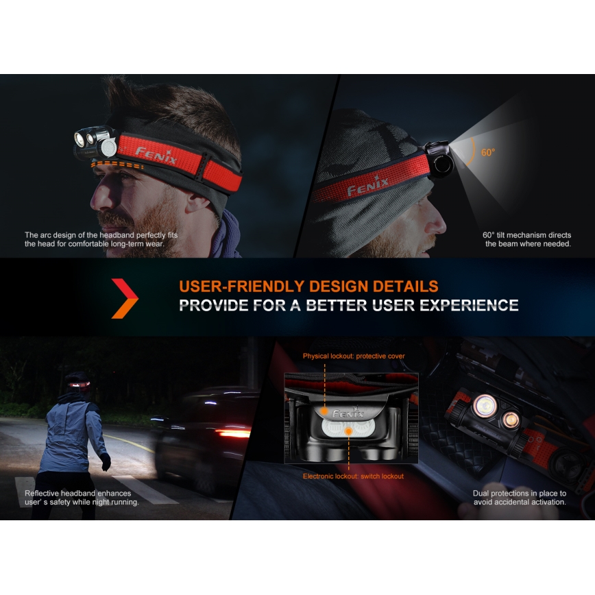 Fenix HM65RDTPRP - Світлодіодний акумуляторний налобний ліхтар LED/USB IP68 1500 лм 300 г фіолетовий/чорний