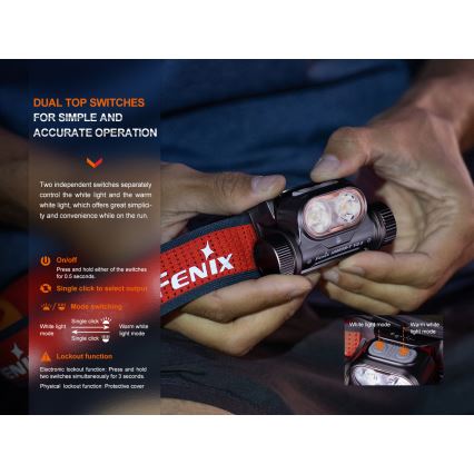 Fenix HM65RTV20BLC - Светодиодный аккумуляторный налобный фонарь с регулированием яркости LED/USB/2xCR123A IP68 3400 mAh черный/оранжевый